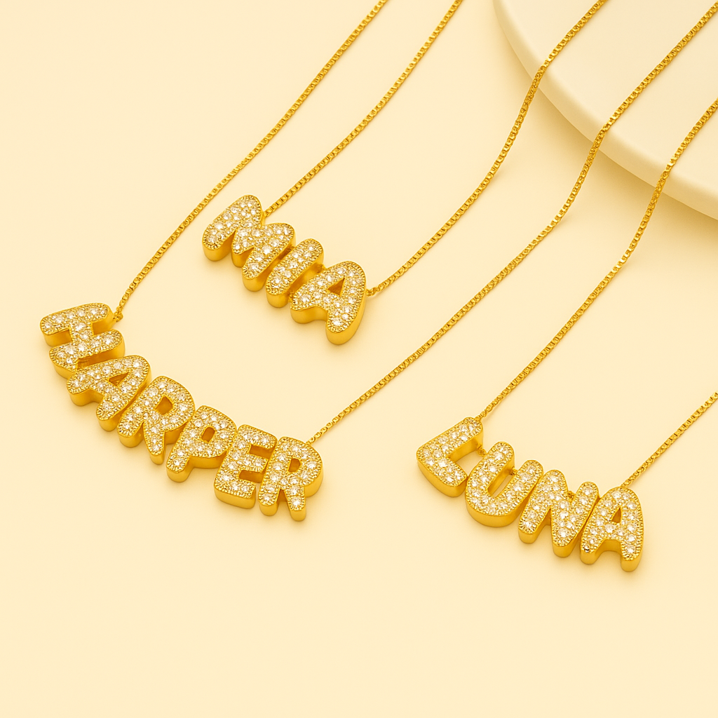 Personalized Bubble Letter Necklace | Custom Gold Name Pendant | My Charm Lab